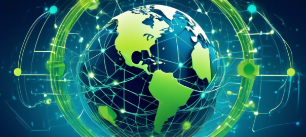 Create an image of a digital landscape featuring a stylized globe with interconnected nodes representing the internet. Highlight a computer or a smartphone screen displaying the Hola VPN logo. Incorporate elements such as a digital padlock for security, a world map for global access, and abstract lines to symbolize data flow. The background should be a blend of vibrant blues and greens to give a sense of technology and connectivity.