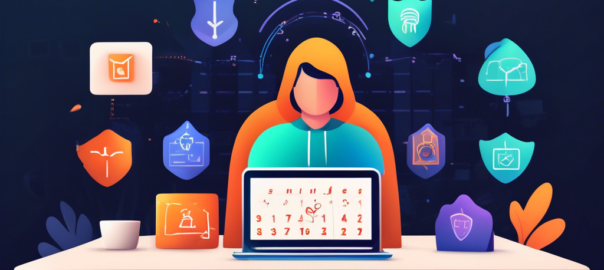 Create an image of a person using a laptop in a cozy home setting, with multiple security shield icons surrounding the laptop screen to represent internet security. Incorporate elements like a calendar showing a 30-day trial period and subtle glowing lines illustrating encrypted data transmission. The overall tone should be inviting and informative, emphasizing the benefits of trying out a VPN service.