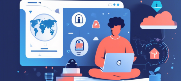 Create an image showing a person using a laptop in a cozy, modern home setting, with NordVPN's logo visible on the screen. Surround the person with icons representing security, privacy, and the internet, such as a lock, shield, and globe. Include a banner that reads Complete Guide and incorporate hints of a step-by-step process, like a checklist or a notebook with scribbles.