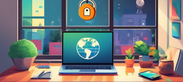 A cozy home office with a laptop screen displaying a VPN interface, a strong padlock icon over a globe, and a 'Free Download' button. The room is filled with secured devices like smartphones and tablets, and the window shows a serene, safe neighborhood. The overall scene conveys security, privacy, and peace of mind.