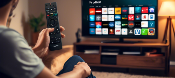 Create an image of a person sitting on a couch with a Firestick remote in one hand, browsing through various VPN app logos displayed on a TV screen. Include popular free VPN brand names and logos like ProtonVPN, Windscribe, and Hotspot Shield. The setting should be a cozy living room, with a coffee table, a comfortable sofa, and a well-lit, friendly atmosphere.