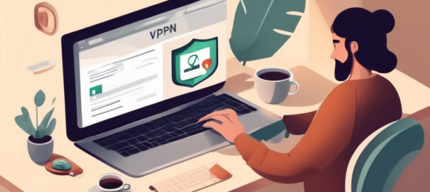 Create an image depicting a person securely downloading a VPN service on their laptop. The scene should show a cozy, well-lit home office setting. The computer screen should display the VPN software installation progress, and there should be visual elements like padlocks, shields, and secure connection icons hovering around the screen to symbolize safety and security. Include a cup of coffee, some notebooks, and a bookshelf in the background to add to the atmosphere.