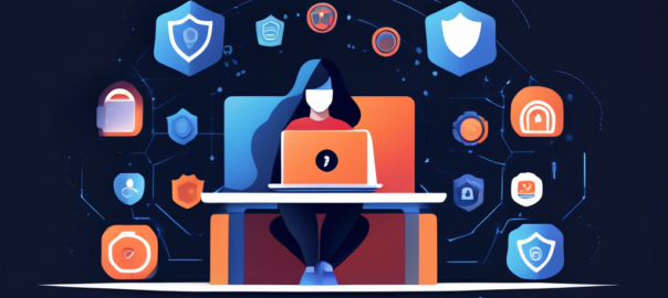 Create an image of a person using a laptop securely at home, with a virtual shield icon displayed on the screen to represent online privacy. Surround the laptop with floating icons symbolizing the benefits of using a free VPN: secure and anonymous browsing, protection against data theft, bypassing geo-restrictions, and enhanced online freedom. Use a clean, modern, and slightly futuristic design aesthetic.