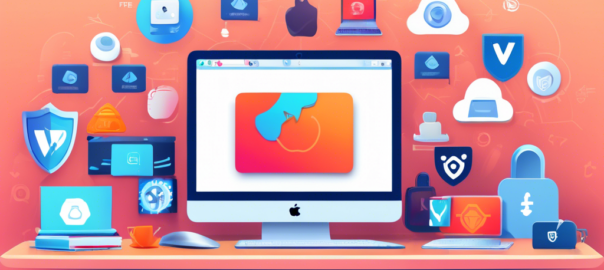 Create an illustration of a modern MacBook on a desk, surrounded by icons representing top free VPN services available in 2023. The background features a digital shield symbolizing online security, with subtle elements like Wi-Fi signals and padlocks to emphasize privacy. The overall design should be clean and tech-savvy, highlighting the theme of free VPN options for Mac users.