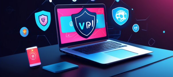 Create an image featuring a modern laptop on a sleek desk, with multiple VPN icons displayed on the screen. The background should show a digital shield symbolizing security, and a Wi-Fi network icon to highlight online connectivity. The atmosphere should be tech-savvy and inviting, with a focus on the safety and security of browsing using VPN services.