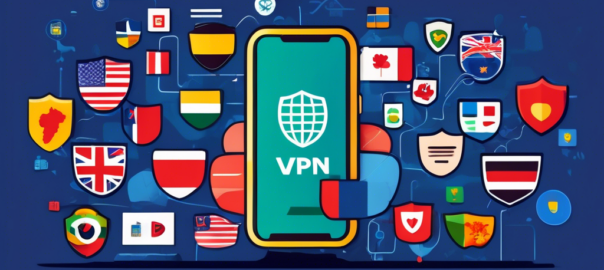 Create an image that shows a smartphone displaying a VPN app interface, with icons of secure connections, encryptions, and shields. In the background, include representations of global internet connections and different country flags symbolizing secure browsing worldwide. Add a banner at the top that reads Best Free VPN Apps for Secure Browsing.