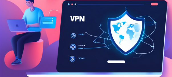 Create an image depicting a user happily exploring the internet securely with a glowing shield icon representing VPN protection, with a 'NordVPN' logo subtly integrated in the background. The scene shows them easily navigating a 'Free Trial' sign-up process on their laptop, emphasizing simplicity and security. The background should include a world map with highlighted connections illustrating the global reach of the VPN service.