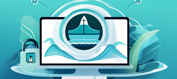 Create a detailed and illustrative image of a computer screen displaying Surfshark VPN's website, with a focus on a 'Free Trial' button. Surround the computer with symbolic elements like a calendar to represent the trial period, a magnifying glass indicating detailed guides, and a lock symbolizing security and privacy. The background should feature subtle waves, hinting at the 'Surf' in Surfshark, to tie in with the VPN theme seamlessly.