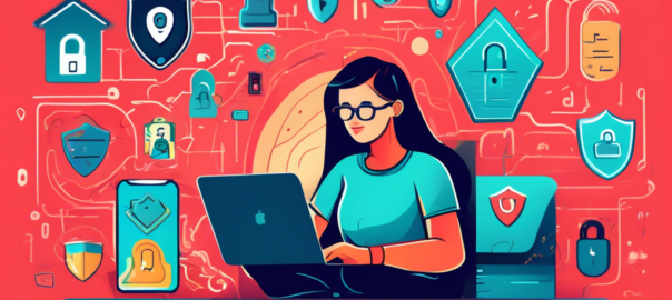 Create an image depicting a person using a laptop in a cozy home setting while surrounded by digital symbols of security such as locks, shields, and encrypted codes, emphasizing the use of a VPN Super Unlimited Proxy for maximizing online safety.