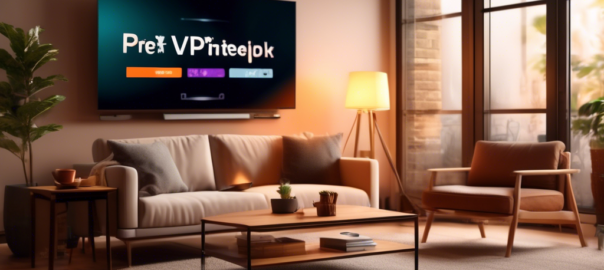 Create an image of a modern living room setting with a large flat-screen TV showing a Firestick interface on the screen. Display icons or logos of popular free VPNs for 2023 on the TV screen and nearby walls. Include elements like a comfortable couch, a coffee table with a remote, and warm lighting to give a cozy, high-tech atmosphere.