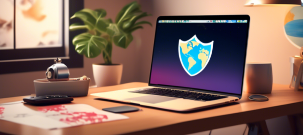 Prompt: A sleek and modern MacBook on a stylish desk, displaying a vibrant screen with various VPN icons. Surrounding the laptop are elements that emphasize security and freedom, such as a padlock, a shield, and a globe. The background features a cozy, well-lit home office setting, symbolizing a secure and private internet environment for Mac users.