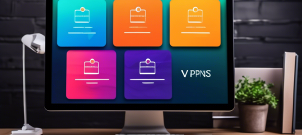 Create an image showcasing a modern desktop computer with a vibrant, user-friendly interface highlighting a comparison chart of the Top 5 Free VPNs for PC options. Each VPN option should have an eye-catching icon or logo, along with key features like High Speed, Strong Security, User-Friendly, and Unrestricted Access. The background should include padlocks and shields to represent security, and global network lines to symbolize worldwide access.