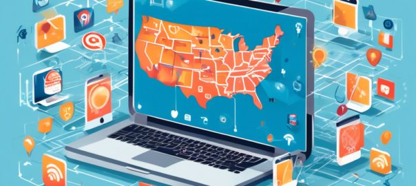 Create an image of a laptop displaying a map of the United States with multiple Wi-Fi signal icons scattered across it. Surround the laptop with icons representing security shields, unlocked websites, and a thumbs-up symbol, highlighting the benefits of using a free US VPN. The background should be a blend of digital security elements, such as encrypted codes and locks.