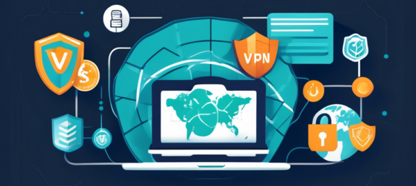 Create an image conceptually illustrating the top benefits of using a free VPN service. Include visual elements like a laptop with a shield icon for security, a globe to represent global access, a dollar sign with a 'free' banner for cost saving, a privacy lock, and speed lines to denote fast connections. Combine these elements in a modern, tech-savvy style.