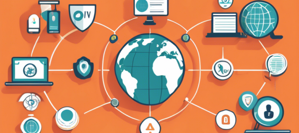 Create an illustration that showcases the top benefits of using a free online VPN. The main elements should include 1) a globe with connected lines symbolizing global internet access, 2) a secure shield icon representing enhanced privacy and security, 3) a magnifying glass with a barred eye indicating anonymous browsing, 4) an unlocked content icon for accessing restricted websites, and 5) a speedometer showing fast internet speed. Integrate these elements in a vibrant, modern design with a clean, tech-savvy aesthetic.