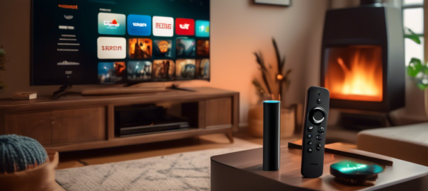 Create an image of a cozy living room with a smart TV streaming various content, showing the Firestick interface. On the coffee table, there is a glowing Firestick device with a shield icon on it, symbolizing security. In the background, there are subtle icons of popular free VPN services hovering around the TV screen. The atmosphere should feel safe and inviting, emphasizing free and secure streaming.