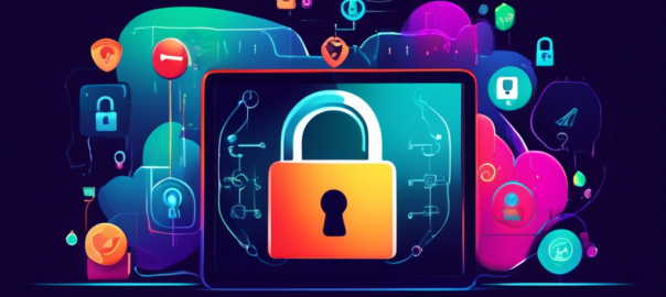 Create an image of an iPad displaying a secure and anonymous internet connection using a free VPN app. The scene should include privacy icons such as a padlock, shield, and VPN symbol. Incorporate elements of user privacy and online security in a visually appealing and modern style.