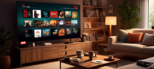 Create an image showing a cozy living room with a big-screen TV displaying the Netflix interface. On the coffee table, there are various gadgets like a laptop, tablet, and smartphone, all showing different VPN apps on their screens. The atmosphere is inviting, with soft lighting and comfortable seating, suggesting a relaxed streaming experience. The background should subtly include branding or icons of popular free VPN services.