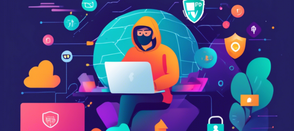 Create an image of a person using a laptop in a cozy home office environment, with icons representing free VPN services floating on the screen. The background can include elements like a secure padlock and a globe to convey global internet security. Include a banner or text overlay that says Best Free VPN for PC in 2023.