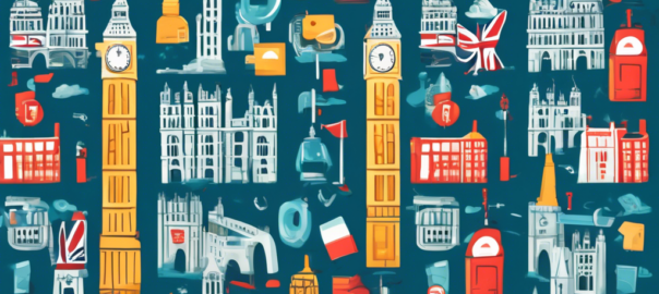 Create a digital illustration of an array of popular VPN icons, each with a 'Free Trial' tag, set against a backdrop featuring iconic UK landmarks like Big Ben and the Tower Bridge. The image should convey a sense of digital security and connectivity.