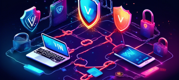 Create an image depicting a serene digital landscape with various devices such as smartphones, laptops, and tablets connected to a powerful, glowing shield labeled VPN. In the background, various padlocks and chains are breaking open, symbolizing unlocked online freedom. A ribbon at the top corner should read 30-Day Trial.