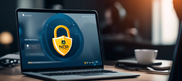 Create an image of a person sitting at a desk with a laptop displaying the Nord VPN logo and a secure browsing window. The background should show a padlock and a shield to symbolize security, with the text Unlock Secure Browsing with a Nord VPN Trial prominently displayed. The scene should have a modern, sleek design to emphasize cutting-edge technology and safety.