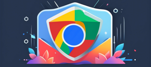 Create an illustration showcasing a Google Chrome browser with a secure shield icon, featuring the ZenMate logo, highlighting the enhancement of online security. The background should depict cyber threats being blocked or neutralized, symbolizing robust protection.