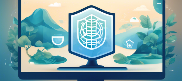 Create a detailed digital illustration of a ZenMate VPN interface displayed on a computer, with a serene, relaxing background. Highlight features such as secure browsing, global server access, and data encryption. Include visual elements like a shield icon, globe, and digital padlock to emphasize security and global connectivity. The backdrop should depict a tranquil, zen-inspired environment with soft lighting, green plants, and calming aesthetics to symbolize the peace of mind provided by using ZenMate VPN.