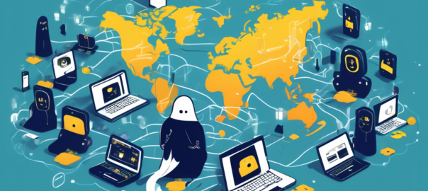 A digital illustration showcasing a friendly spectral figure (CyberGhost) surrounded by various devices like laptops, smartphones, and tablets, all connected to a secure, shielded network. The backdrop should feature a world map with secure, encrypted connections highlighted, emphasizing privacy and protection. Include visual elements representing benefits such as free service, fast internet speed, and accessibility.