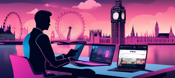 Create an image of a person sitting at a desk, looking at a laptop screen displaying the BBC iPlayer website. On the desk, there's a smartphone showing a VPN app with a connected status. In the background, depict recognizable UK landmarks like Big Ben and the London Eye to signify geographic location. The overall atmosphere should be informative and slightly technical, showing steps or hints about accessing BBC iPlayer using a free VPN.