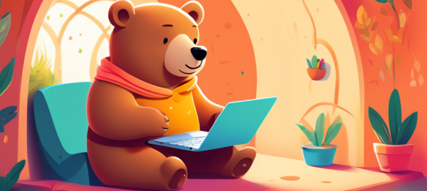 Create a colorful and vibrant digital illustration of a cute bear happily using a laptop. The bear is sitting in a cozy room with a tunnel-like pathway leading to a cheerful outdoor scenery. The laptop screen shows a TunnelBear logo and text that reads 'Free Setup Guide'. The scene should convey simplicity and ease, appealing to users looking for an easy guide to set up TunnelBear for free.