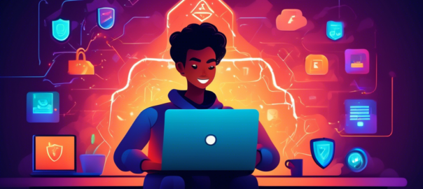 Create a digital illustration featuring a person using a laptop in a cozy, dimly-lit room, with a shield icon glowing on the screen symbolizing protection. Surround the image with subtle digital elements like encrypted codes and padlocks to emphasize security. Include the Thunder VPN logo on the laptop screen. Make the atmosphere reassuring and safe.