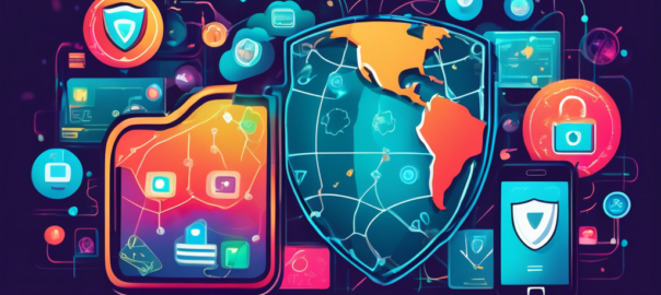 Create an image that shows a modern smartphone with a shield icon symbolizing security, surrounded by icons of free VPN services. The background should include globe and network diagrams to represent global connectivity and protection.