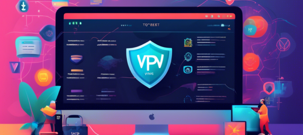 Create an image featuring a sleek, modern desktop setup displaying a list titled 'Top 5 Best Paid VPNs for 2023.' The screen should show logos and brief summaries of the top VPN services, with vibrant graphics and icons symbolizing security, privacy, and global access points. The background should feature subtle digital elements like encrypted data streams and secure connections.