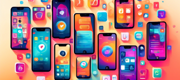 Create an illustration featuring various iPhone models, each displaying vibrant app icons of free VPN services. The iPhones are set against a sleek, tech-inspired background with elements like digital locks and encrypted data streams to symbolize security and privacy.