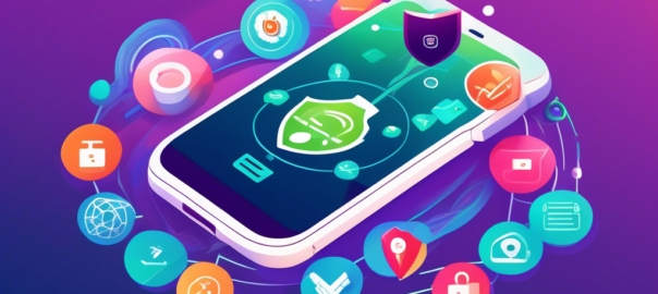 Create an image depicting a user-friendly Android smartphone interface with icons of various VPN services, all labeled as 'Top Free VPNs.' Show a modern background with illustrations of secure connections, such as shield icons and padlocks, to emphasize privacy and security. Include a subtle globe in the background to represent global internet access.