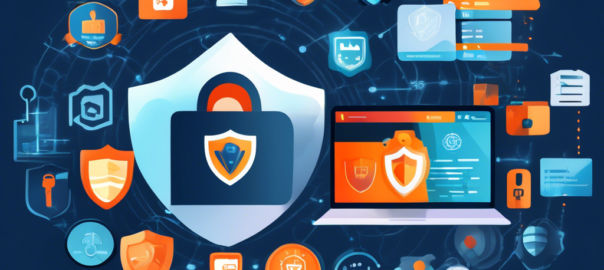 Create an image illustrating the concept of enhancing online security with free VPN blocker options. The central focus should be a computer or smartphone screen displaying a security dashboard, showcasing tools and settings available in free VPN blocker programs. In the background, depict icons representing cybersecurity, such as shields, padlocks, and encrypted data streams. Include some brand logos subtly to emphasize the free aspect, with a clean and modern design aesthetic.