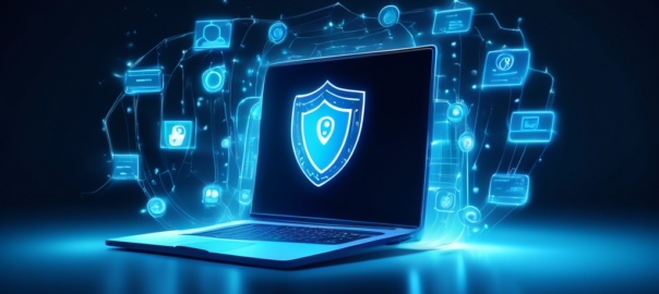 Create an image depicting a digital shield enveloping a laptop, radiating a soft blue glow, representing protection. On the laptop screen, show an open Touch VPN application interface, hinting at enhanced privacy. Surround the scene with subtle icons of internet browsers, padlocks, and key symbols to emphasize security. The background should be a sleek, modern home office setup, giving a sense of comfort and safety.