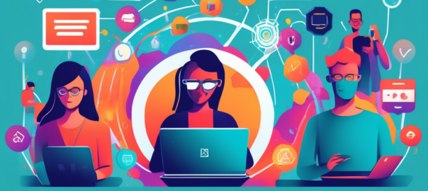 Create an illustration showing people using laptops and smartphones with VPN shield icons on their screens, surrounded by digital connections and networks, set in a modern 2023 backdrop with a 'Free VPN Services' sign prominently displayed.