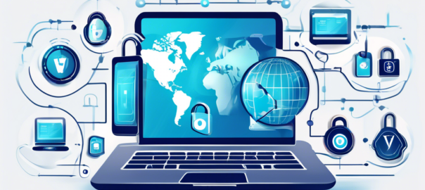 Create an illustration featuring a variety of tech devices (laptops, smartphones, tablets) displaying different interfaces of completely free VPN services in action. The scene should emphasize secure browsing, using symbols like padlocks, shield icons, and encrypted data lines. The background can include a globe to represent worldwide access. Incorporate a modern and sleek design style to convey a sense of safety and cutting-edge technology.