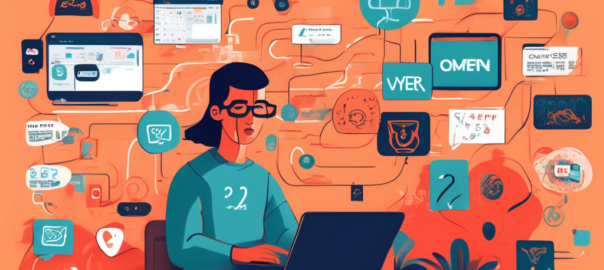 Create a digital illustration depicting a person using a laptop with the Omegle website open, while multiple VPN logos surround them, symbolizing different free VPN services. The scene is set in a modern, cozy room with a calendar on the wall showing the year 2023. Ensure the artwork gives a sense of security and anonymity.