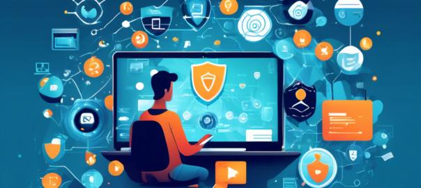 Create a digital illustration depicting the top benefits of using a paid VPN for online security. Show a person browsing the internet on a laptop with icons representing security features like a shield, anonymous browsing, data encryption, and global server access surrounding them. Include visual elements that convey privacy and protection, such as padlocks, secure connections, and privacy screens.