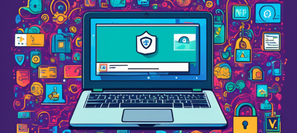 An illustration of a laptop displaying a Windows 10 desktop, with icons of top free VPN services prominently featured on the screen, surrounded by digital security symbols like padlocks and shields, all set on a modern, tech-themed background.