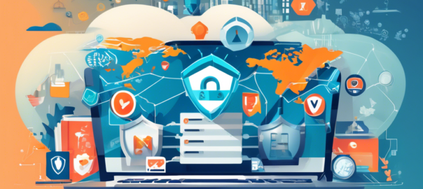 Create an informative and visually appealing illustration that represents the concept of VPNBook and free VPN services. The scene should include a computer screen displaying the VPNBook website, surrounded by various digital elements like shield icons, data protection symbols, and a lock to represent online security. The background should depict a world map, symbolizing global internet access and connectivity, with vibrant colors to attract attention. Add text overlays that highlight key features of VPN services, such as 'Free & Secure' and 'Access Anywhere'. Make it engaging and educational.