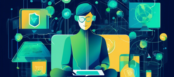 Create an imaginative and futuristic digital illustration of a person using VPNTub on multiple devices, such as a laptop, smartphone, and tablet, with visuals highlighting robust security and privacy features. Incorporate abstract visual elements that symbolize data encryption and a seamless global internet connection. Use a modern color palette with blues and greens to represent technology and safety.