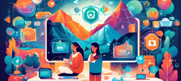 Create an imaginative illustration depicting a serene digital landscape where users are happily browsing the internet securely, surrounded by vibrant symbols of privacy and freedom. Include visuals of a computer screen displaying a shield symbolizing protection, along with diverse characters from various backgrounds using their devices with smiles, interconnected by glowing lines representing data security. The background should feature a picturesque view of mountains, symbolizing the freedom and vastness of the internet, all while incorporating elements that suggest speed and accessibility, like clouds and fast-moving digital streams.