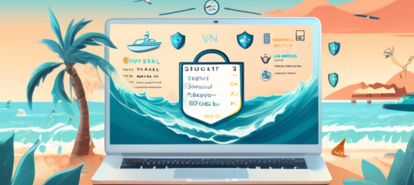 An illustrated laptop screen displaying the Surfshark VPN interface, surrounded by symbols of digital privacy like a locked padlock, shield, and encrypted text. In the background, a serene beach scene to represent the 'surfing' aspect, with vibrant waves and a clear sky, symbolizing digital freedom. Include elements like clocks or calendars indicating a trial period, and a user happily browsing the internet with a sense of security.