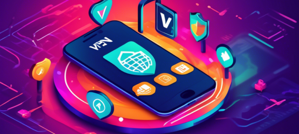 Create an image depicting a smartphone displaying a VPN app interface on its screen, surrounded by visual elements representing online security, privacy, and freedom. Include graphical icons like a padlock, shield, and globe, along with colorful arrows indicating data flow. The background should be a vibrant and tech-inspired design, emphasizing the theme of safe internet browsing on Android devices.