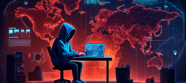 An illustration of a person sitting at a computer in a dimly lit room, wearing a hoodie and using a VPN service. The screen displays a digital world map with dark web elements like mysterious symbols and hidden files. Surrounding the person are visual representations of online security tools and free VPN logos, with a backdrop that conveys the secrecy and intrigue of the dark web.