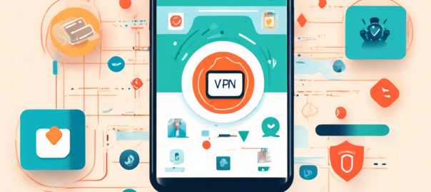 An illustrated step-by-step guide on how to download a VPN for Android. The image features a smartphone displaying an app store interface with a prominent VPN app highlighted. Surrounding the phone are icons representing privacy, security, and internet freedom, along with visual cues like arrows and checklists to symbolize the download process. The background is tech-themed with abstract digital patterns to convey a sense of modern technology and online safety.